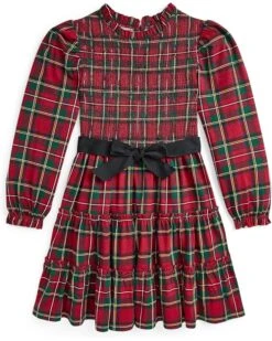 Polo Ralph Lauren Kids Plaid Smocked Cotton Jersey Dress (Big Kid) | Dresses
